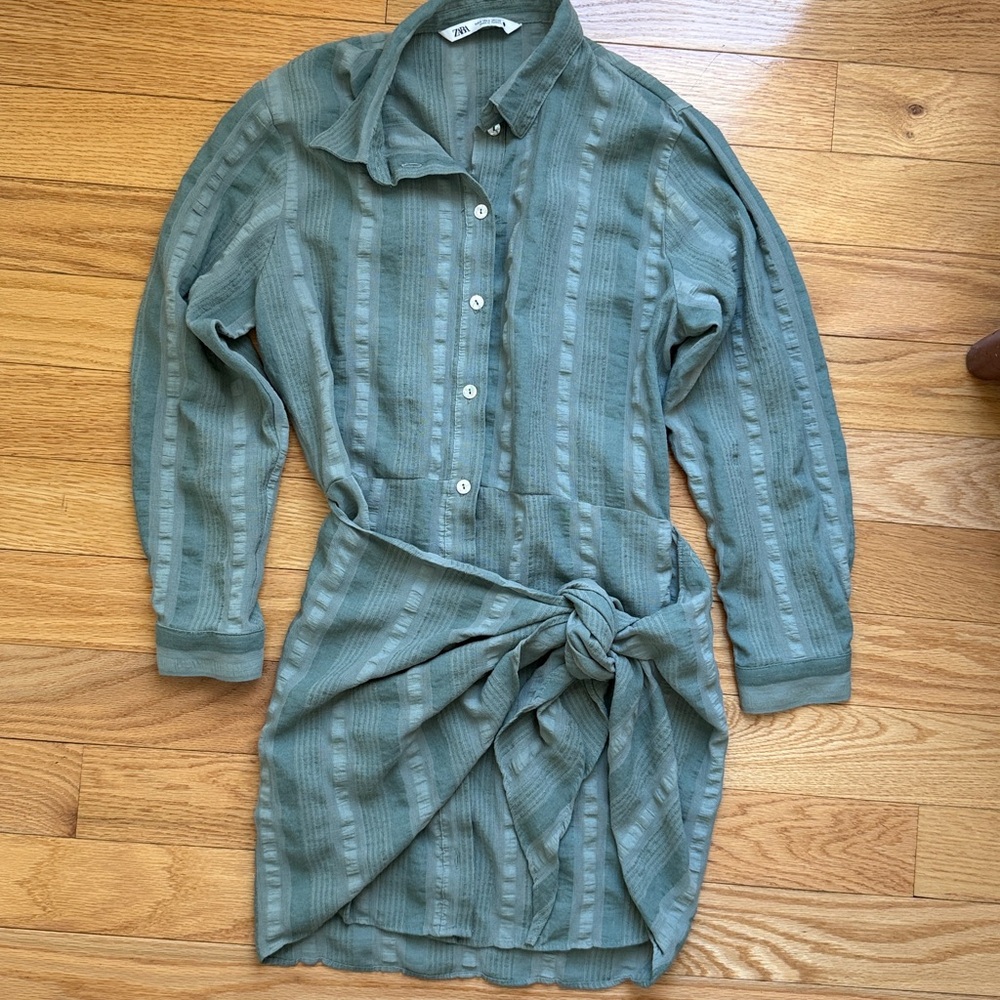 ZARA Zoe Wrap Dress Shirt Dress Green Cotton Blend Size Small